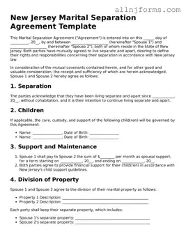 Legal  Marital Separation Agreement Template for New Jersey