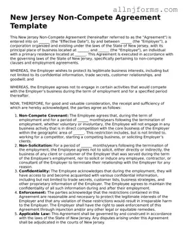 Legal  Non-compete Agreement Template for New Jersey
