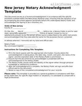 Legal  Notary Acknowledgement Template for New Jersey
