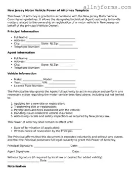Legal  Motor Vehicle Power of Attorney Template for New Jersey