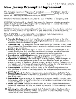 Legal  Prenuptial Agreement Template for New Jersey