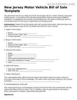 Legal  Motor Vehicle Bill of Sale Template for New Jersey
