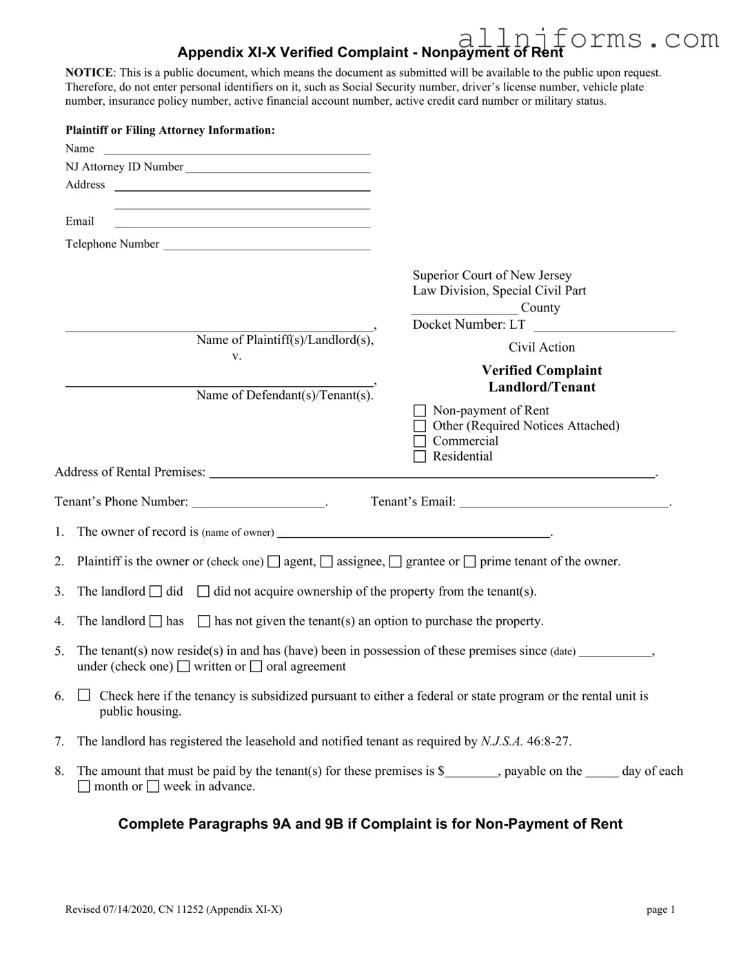 Fill in a Valid Verified Complaint Landlord Tenant New Jersey Template